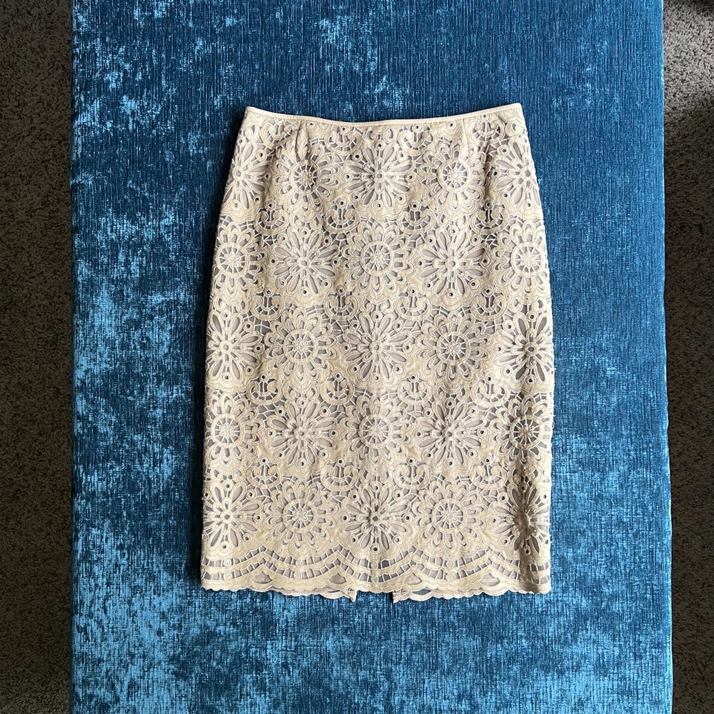Laser Cut Faux Leather Cream Pencil Skirt M